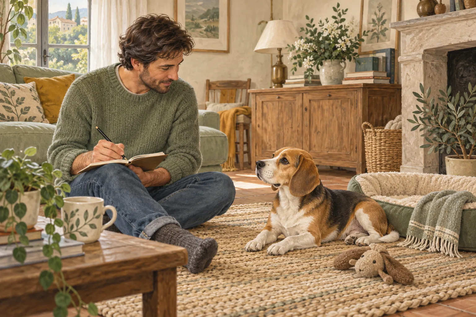 Une personne note ses observations pendant qu’un chien se repose sur un tapis.