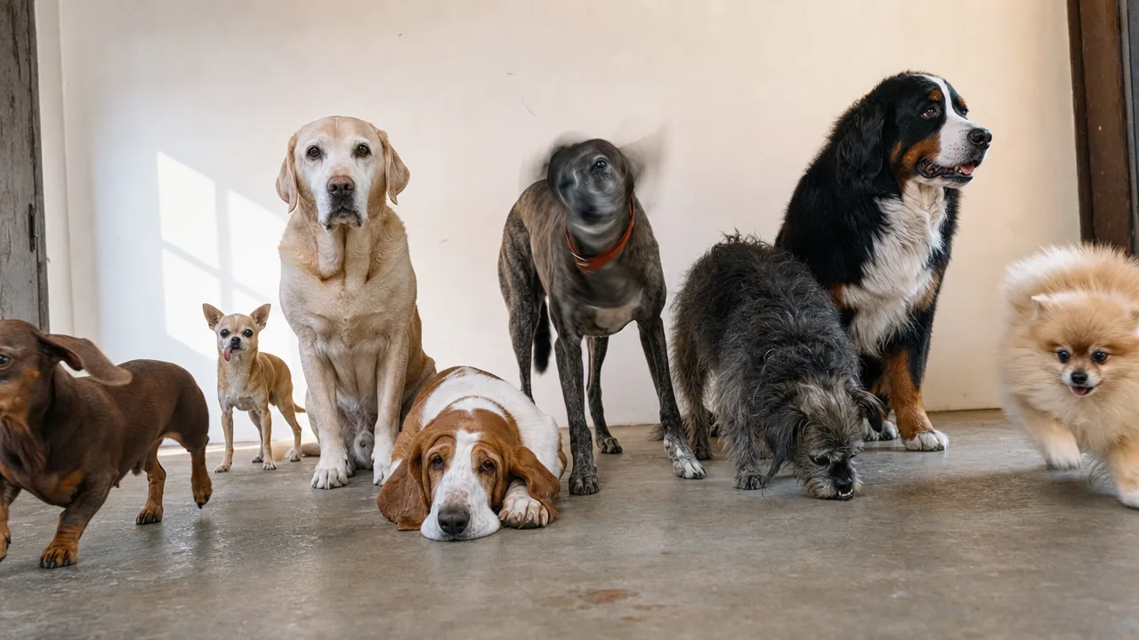 Des chiens de tailles et de races variées réunis dans une pièce lumineuse.