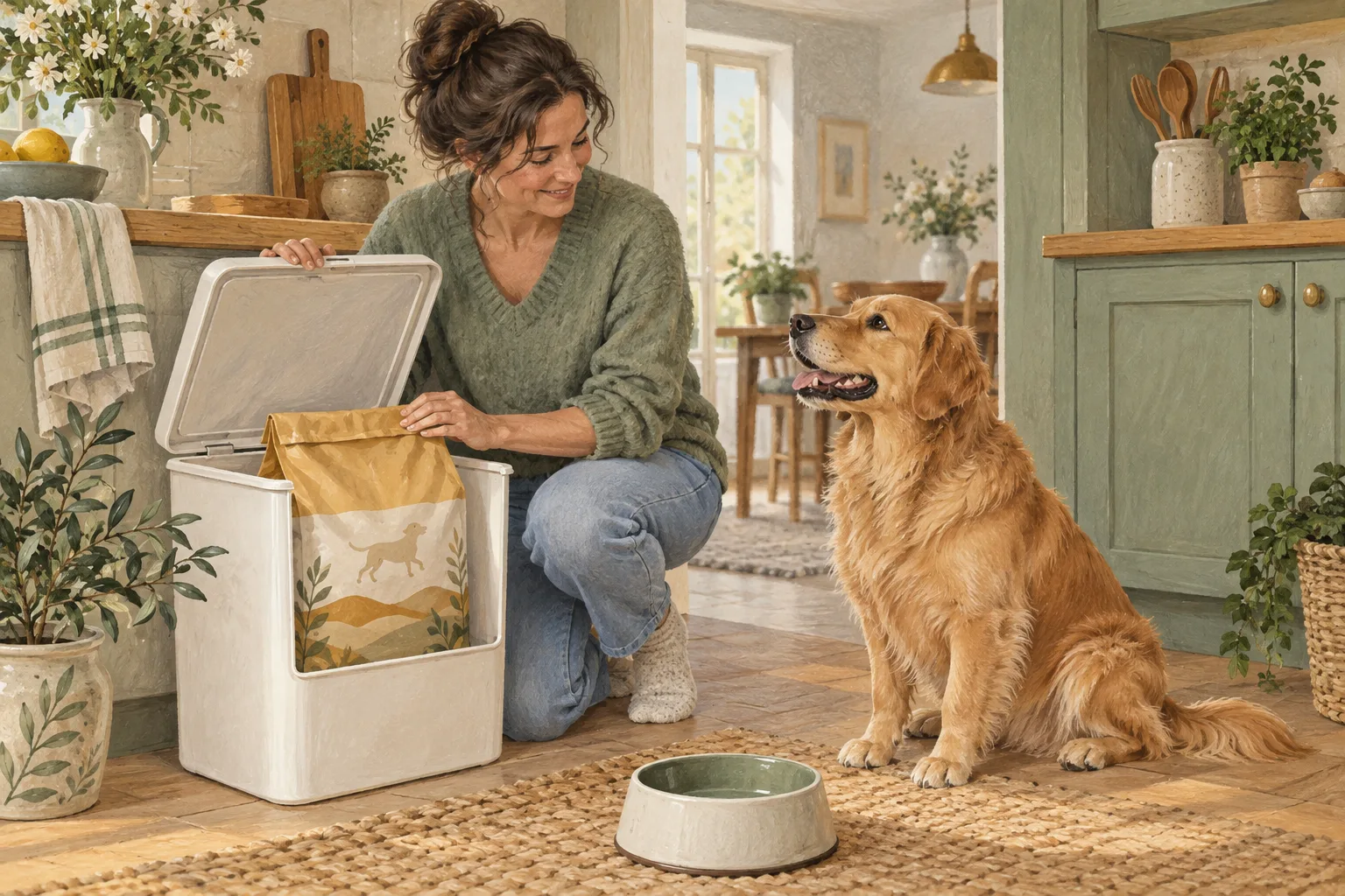 Un sac de croquettes refermé reste dans sa boîte de rangement, avec un chien à côté.