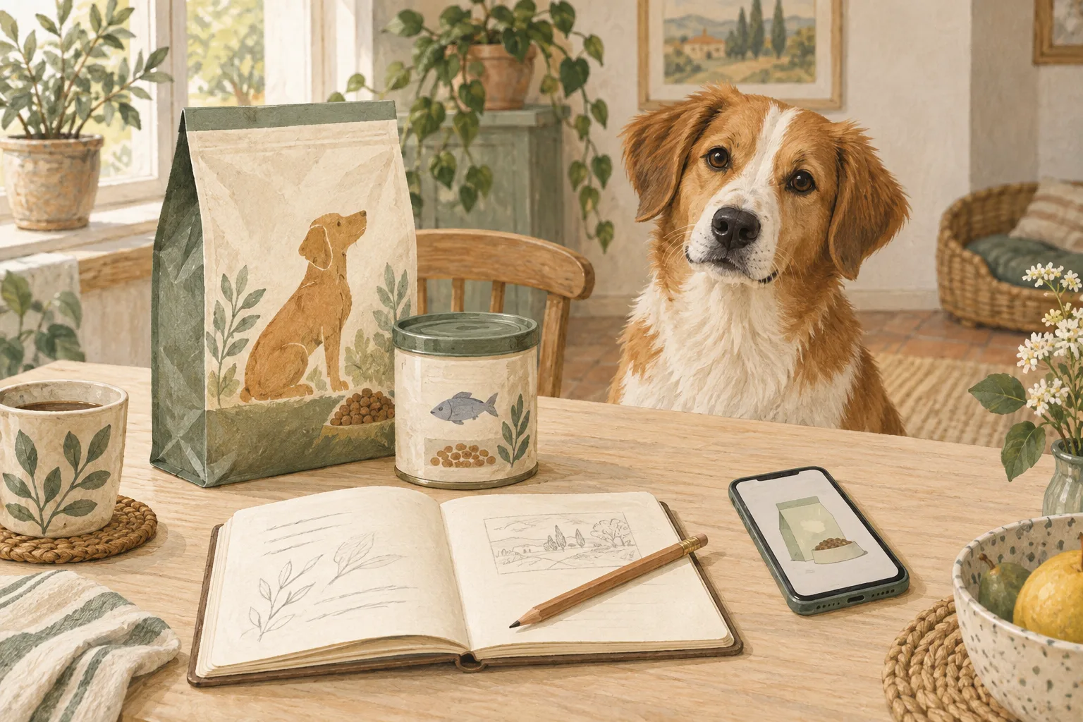 Un carnet, un crayon et un téléphone sont posés devant un chien pour préparer un rendez-vous sur son alimentation.