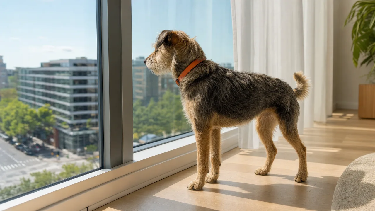 Un terrier au collier orange regarde par une grande fenêtre.