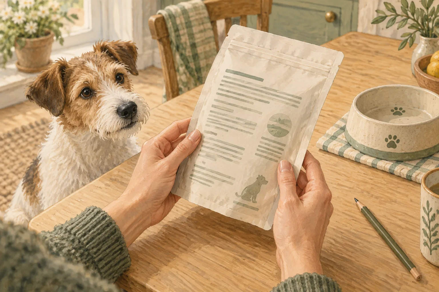 Des mains tiennent un sachet à l’étiquette illustrée devant un chien assis à une table.