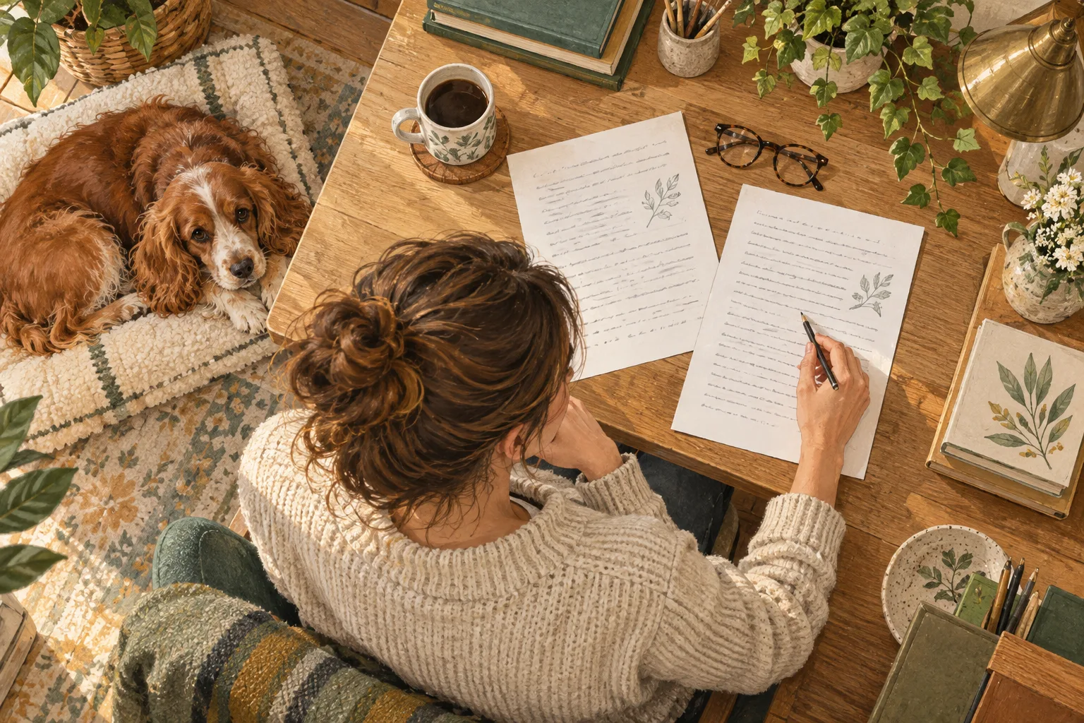 Des pages d’étude, un crayon et des lunettes sont posés sur un bureau près d’un chien.