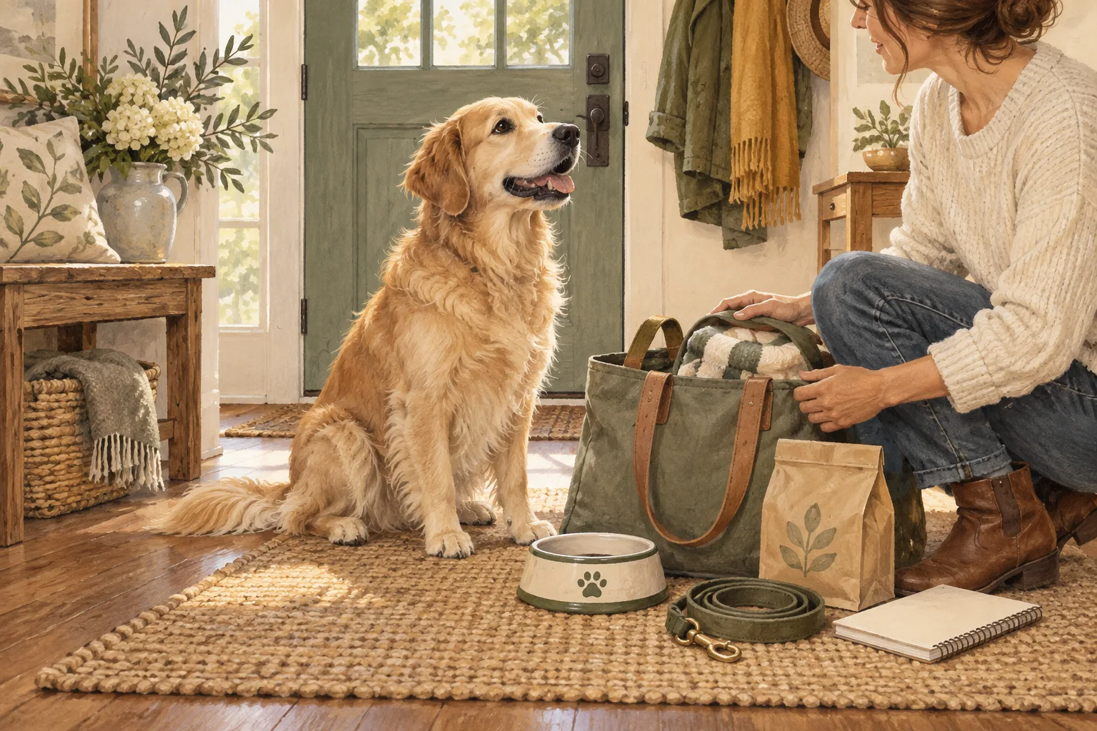 Un chien attend près d’un sac de voyage contenant sa gamelle, son alimentation et un carnet.
