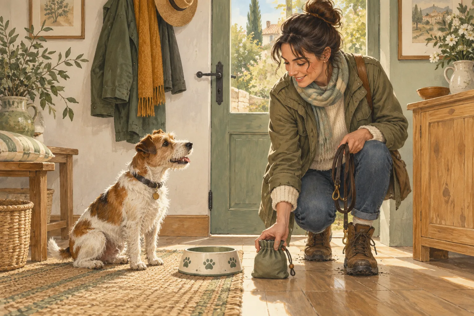 Un terrier attend près de sa gamelle et d’une pochette de friandises fermée.