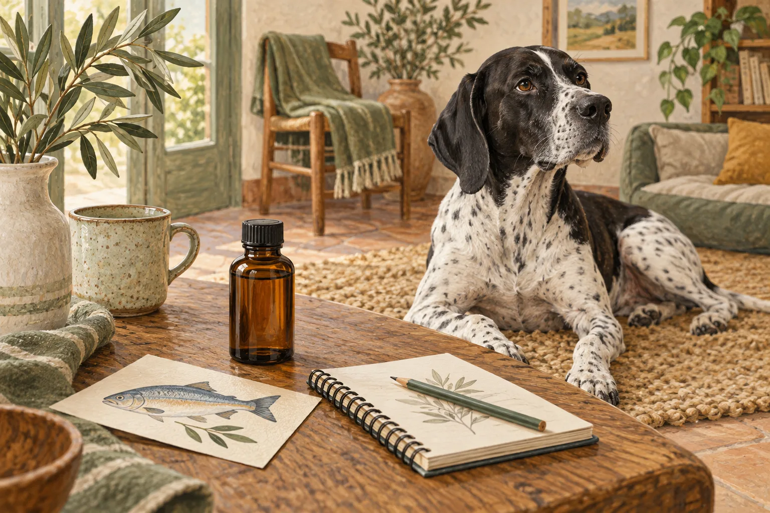 Un flacon ambré fermé, un carnet et un dessin de poisson sont posés près d’un chien.