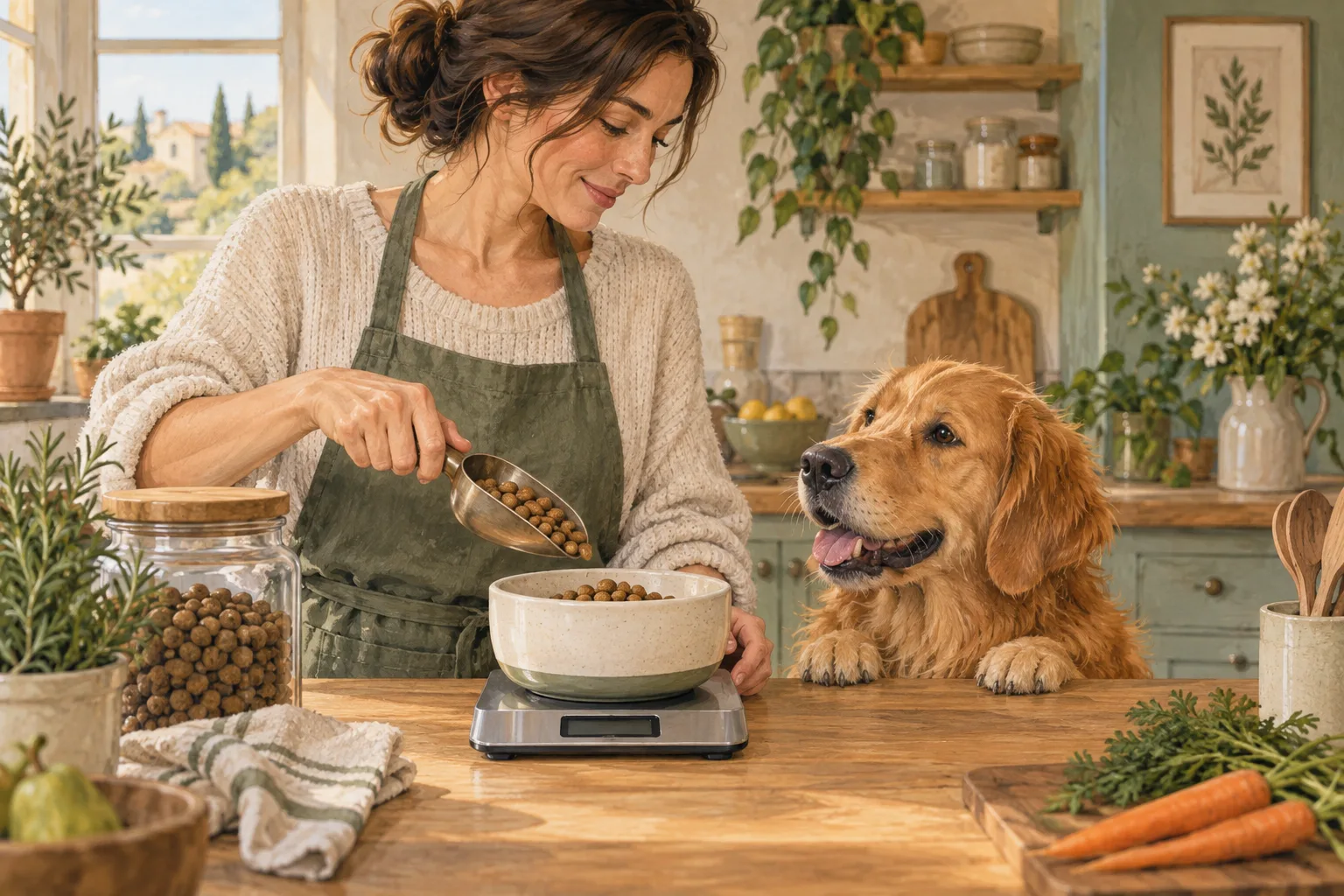 Une gamelle est posée sur une balance de cuisine pendant qu’un chien la regarde.