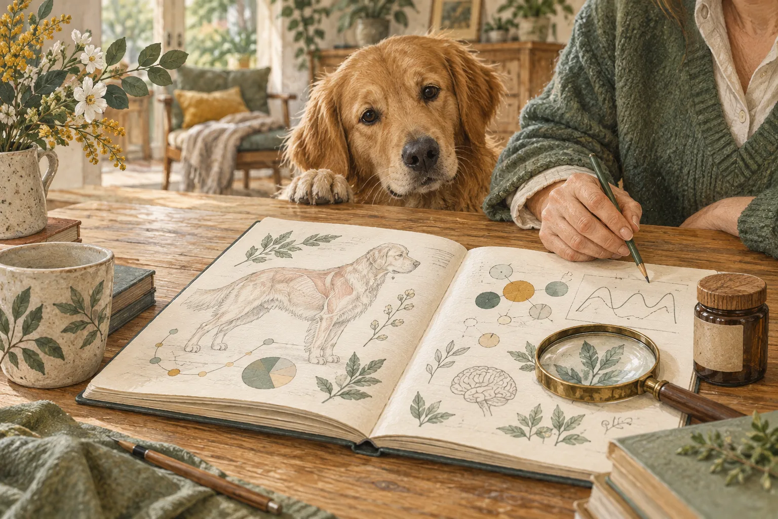 Un carnet scientifique, une loupe et un petit pot fermé sont posés devant un chien.